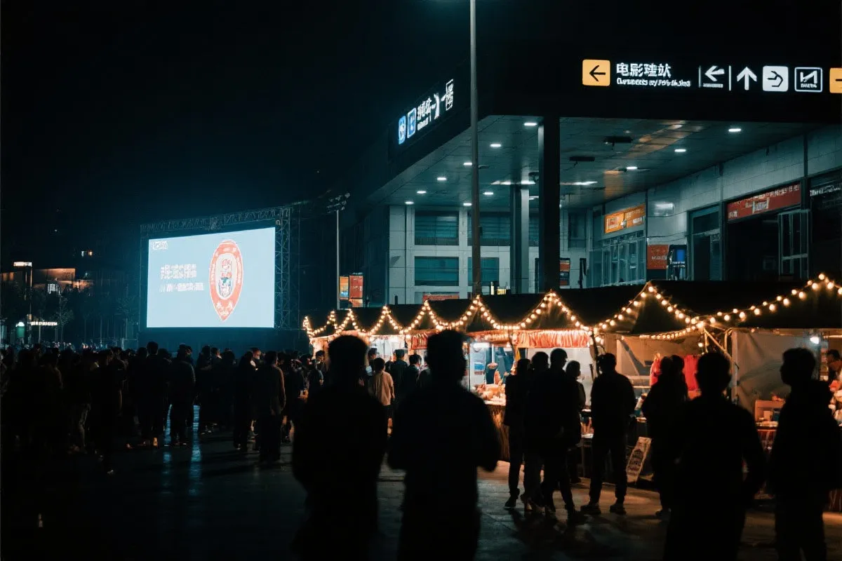 费城球迷广场夜景：大屏观赛人群、步行指示牌与公共交通入口